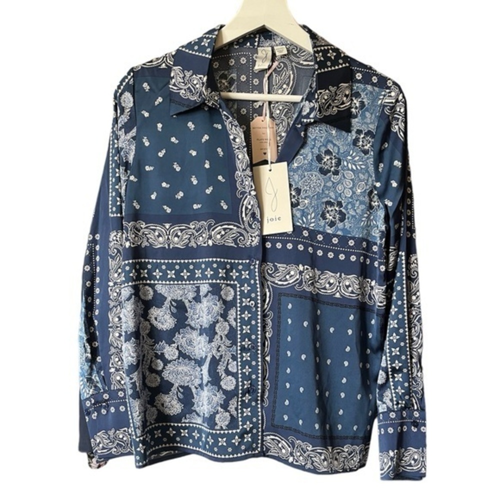 New joie Blue/Cream Long Sleeve,‎ Button Front Women’s Top Blouse Sz XS